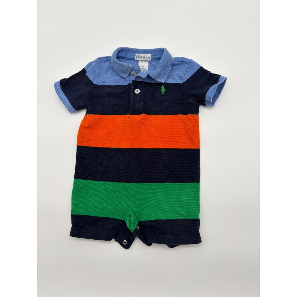 Ralph Lauren Baby Boy Polo Romper 6M Multi Color Stripe Cotton Pique One Piece
